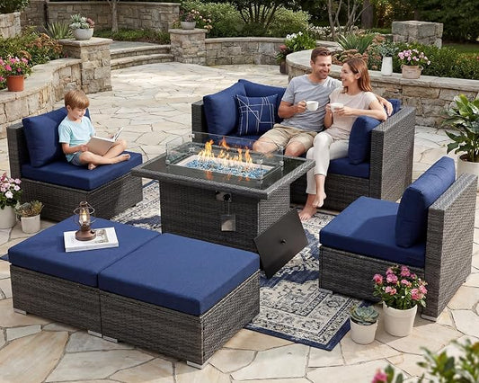 RADIATA 7 Piece Wicker Patio Furniture Set with Fire Pit, All-Weather Outdoor Sectional Couch High Back Large Size, Modular Backyard Seating Sofa Set with Propane/Natural Gas Firepit Table, Grey&Blue