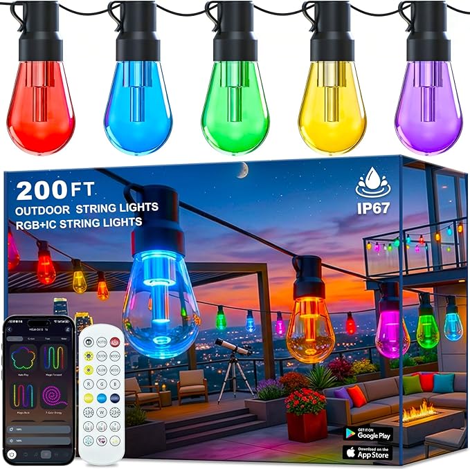 Outdoor String Lights,200FT Smart RGB+IC Patio Lights with Shatterproof LED Bulbs ,Outside Light Dimmable Patio for Decor DIY IP67 Waterproof ,Courtyard, garden,Holiday,LED lights more Scene Modes