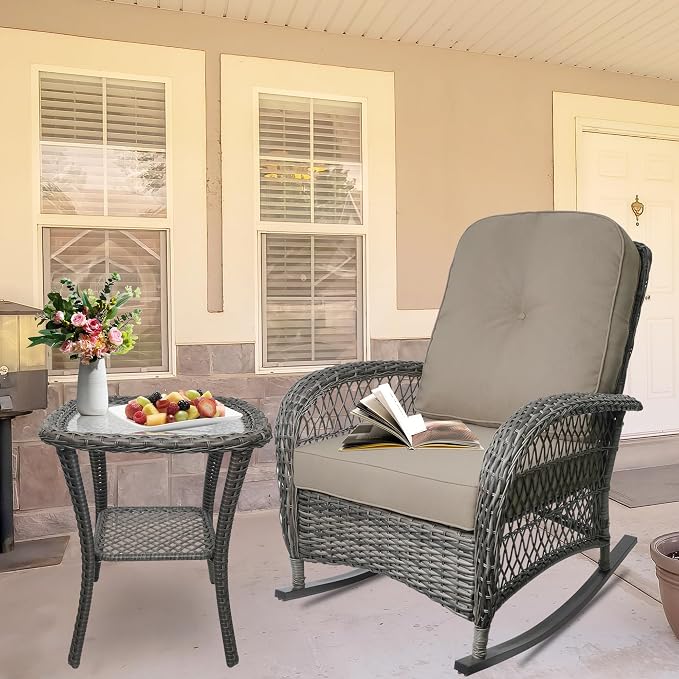 Outdoor Wicker Rocking Chair, All Weather Resin Rattan Wicker Rocking Chairs, for Garden Backyard Lown Porch,2pc,Brown