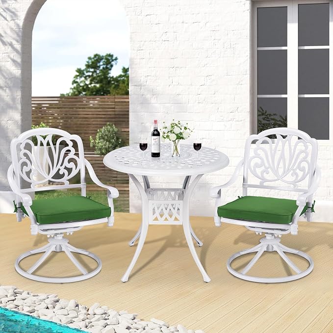3-Piece Outdoor Patio Dining Set, All-Weather Cast Aluminum Patio Furniture Set for Backyard Garden Deck with 2 Swivel Cushioned Chairs and 31” Round Table, 2" Umbrella Hole, White