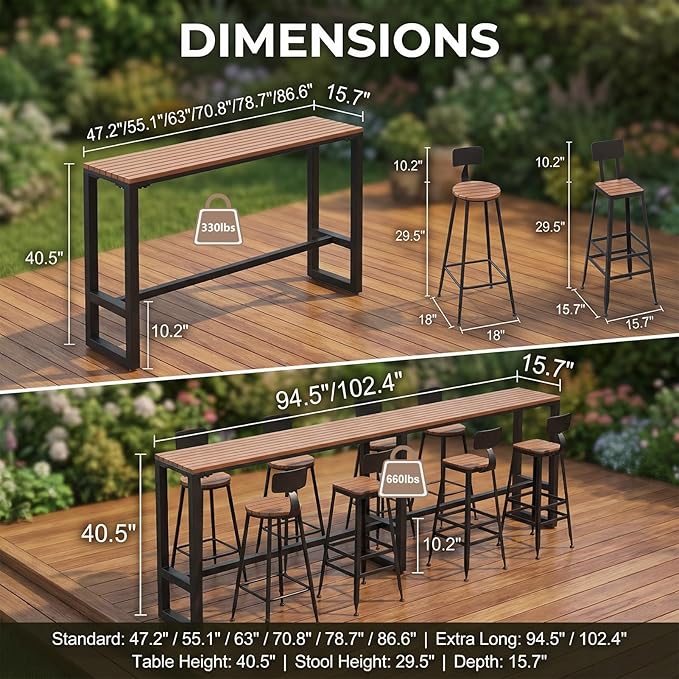 Outdoor Bar Table Weather Resistant, Wood Counter Height Bar Table Rain Sun Protection, Extra Long High Top Table 47.2"-102.4", for Patio, Garden, Yard, Balcony, Poolside(Black,78.7"x15.7"x40.5")