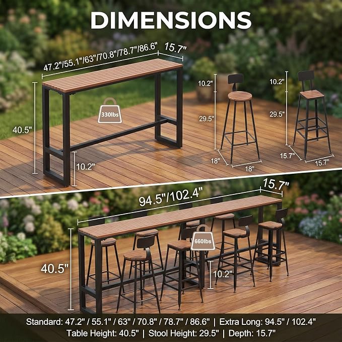 Extra Long Outdoor Bar Height Table, Patio Bar Tables High Counter Table, Weather Resistant Pub Tables for Poolside Garden Balcony Restaurant Cafe, Indoor or Outdoor Use(78.7"x15.7"x40.5")