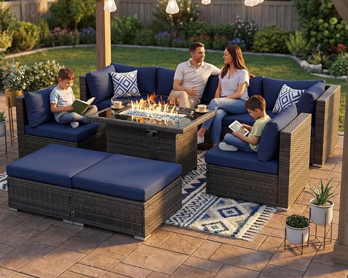 RADIATA 9 Piece Wicker Patio Furniture Set with Fire Pit, All-Weather Outdoor Sectional Couch High Back Large Size, Modular Backyard Seating Sofa Set with Propane/Natural Gas Firepit Table, Grey&Blue