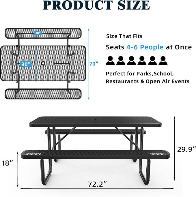 KEIKI 72" Heavy-Duty Metal Picnic Table with Benches, Commercial Outdoor Steel Table with 2.12" Umbrella Hole, 2.5mm Mesh Top, Rust-Resistant Coating, Patio Backyard Park Dining Furniture, Black