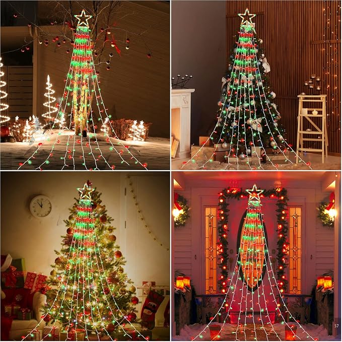 Christmas Decorations, Outdoor Christmas Lights, 320 LED Outdoor Christmas Tree String Lights with 12" Star Toppers [8 Modes& Waterproof] for Xmas New Year Holiday Decor (Red & Green)