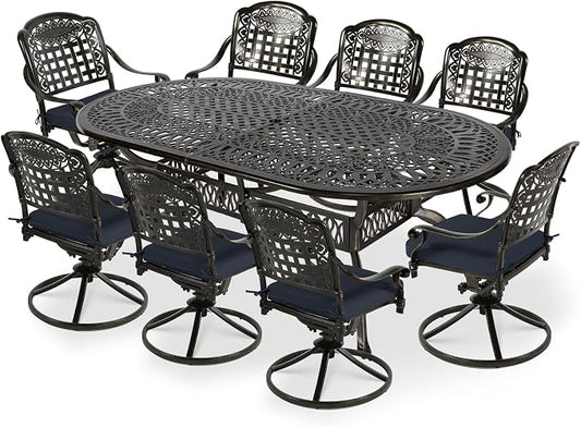 VIVIJASON 9-Piece Outdoor Patio Furniture Dining Set, All-Weather Cast Aluminum Conversation Set, Include 8 Swivel Dining Chairs and an Oval Table with Umbrella Hole, Navy Blue Cushion