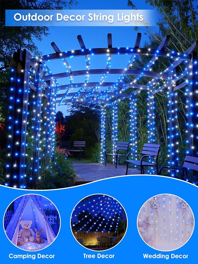 66FT 200 LED Fairy Lights Plug in, 8 Modes Twinkle Lights Blue and White | Waterproof String Lights Outdoor Indoor, Memory, Timer, Copper Wire, Christmas Lights for Bedroom Garden Party Holiday Decor