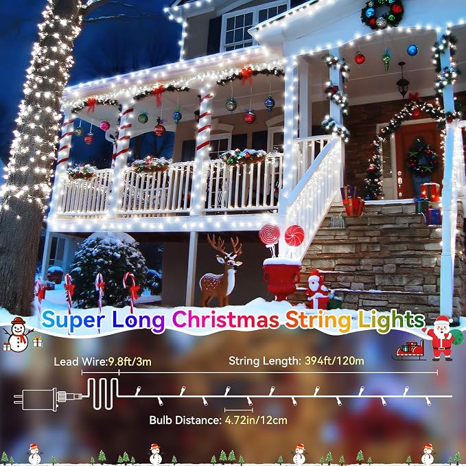 Christmas Lights Outdoor, 403FT 1000 LED String Lights 8 Modes and Timer Memory Function Twinkle Fairy Lights IP44 Waterproof Plug in for Xmas Tree Wedding Party Holiday Decor(White)
