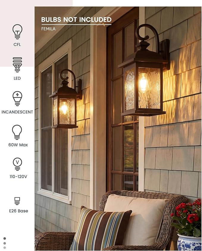 FEMILA 21" Outdoor Wall Light Fixtures, Rust-Proof Waterproof Outdoor Wall Lamp, Ideal for Porch, Patio, Entryway, Garage, with Water Ripple Glass, 4FD54B2 ORB-WP