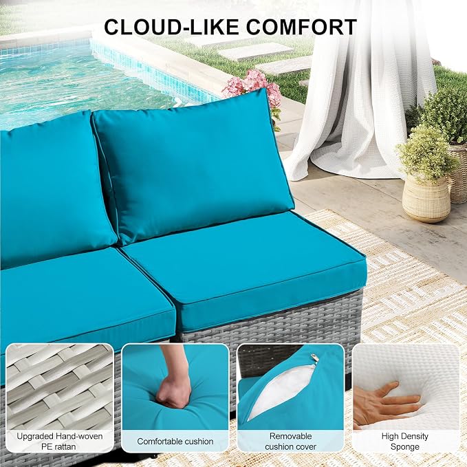 CANMOV 7 Pieces Patio Furniture Sets, All Weather Outdoor Patio Conversation Set, PE Wicker Rattan Sectional Sofa Couch Glass Coffee Table Washable Cushions for Backyard Garden, Porch, Peacock Blue