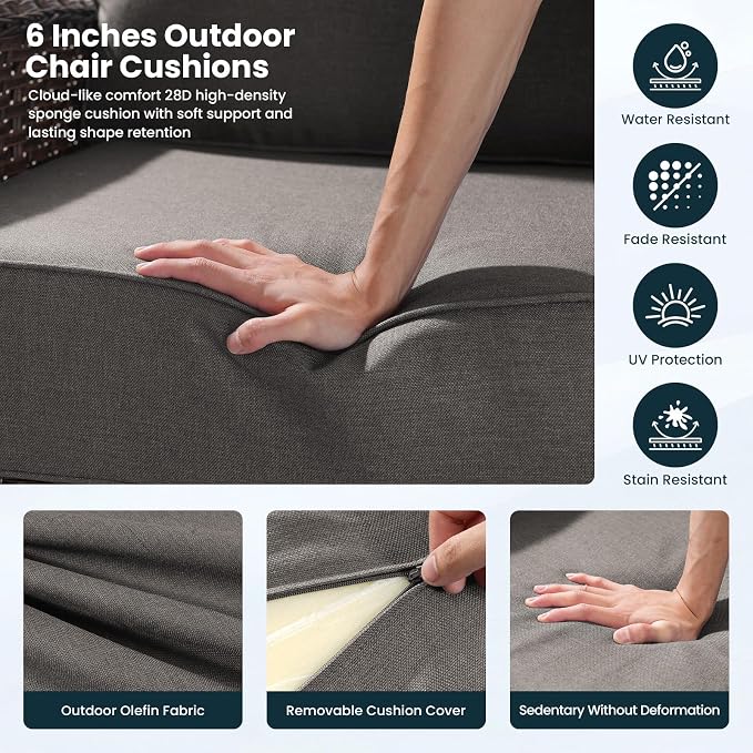 Luxury 6-Inch Cushion Patio Furniture Set, High Back Outdoor Swivel Rocker Patio Chairs with Outdoor Couch, Outdoor Wicker Conversation for Deck Porch Garden Balcony Poolside Gray Cushion