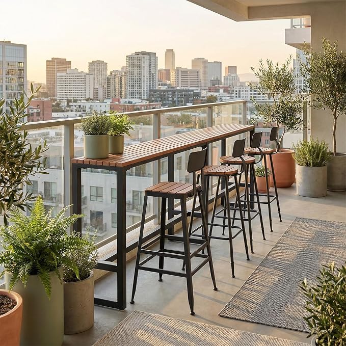 Outdoor Bar Table Weather Resistant, Wood Counter Height Bar Table Rain Sun Protection, Extra Long High Top Table 47.2"-102.4", for Patio, Garden, Yard, Balcony, Poolside(Black,94.5"x15.7"x40.5")