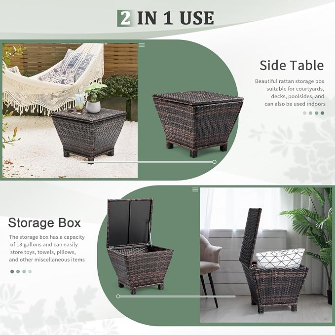 Outdoor Side Table with Storage, 13-Gallon PE Wicker Patio Bistro Table, All-Weather Woven Rattan & Sturdy Steel Frame, Brown Gradient, Easy Open Lid for Garden, Deck, Poolside (19.7 x 19.7 x 16.5 in)