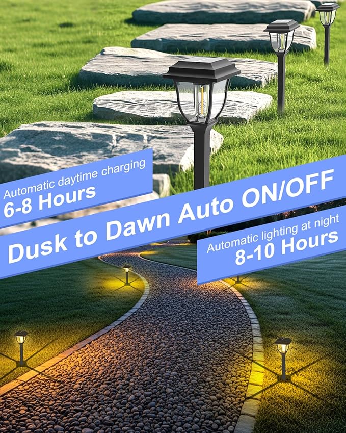 Solar Pathway Lights 2 Pack Mini Outdoor 3000K Bright Auto On/Off Solar Garden Lights Long Lasting Solar Powered Landscape Light for Path Yard Walkway Lawn Driveway Decor Lighting - Warm White