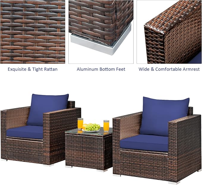 RELAX4LIFE 3-Piece Wicker Bistro Set - Outdoor Patio Rattan Sofa Set w/Washable Cushions & Tempered Glass Coffee Table, Conversation Furniture Set for Backyard, Porch, Garden & Poolside (Navy Blue)