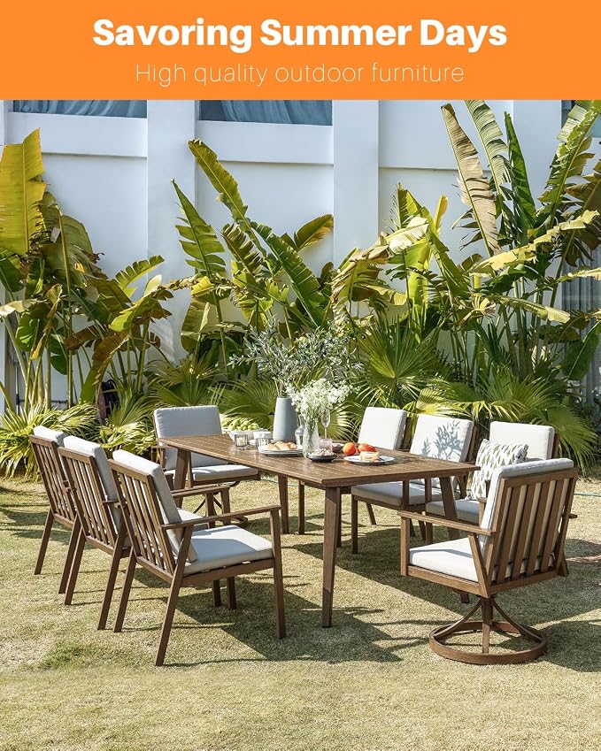 Never-Rust Outdoor Patio Dining Table for 8, 84.6"x38" Outdoor Aluminum Dining Table with 2.2" Umbrella Hole, 8 Person Patio Furniture Dining Table for Garden, Backyard, Porch, Teak