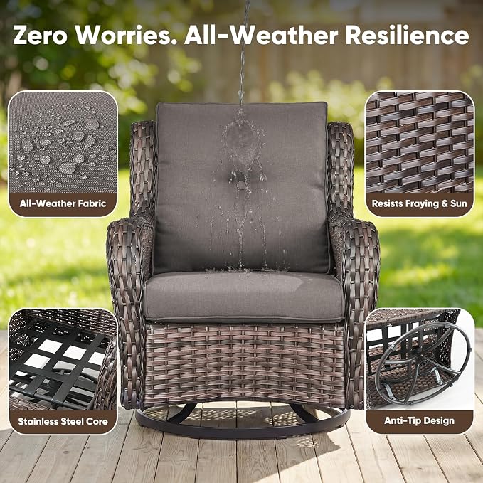 Belord Patio Furniture Set with Fire Pit Table,8 Piece Wicker Outdoor Furniture Set, Swivel Rocker Chairs with Ottomans and Sectional Couch, All Weather Patio Conversation Set,Brown Wicker/Gray