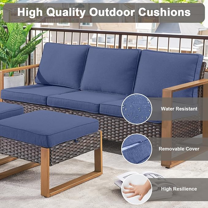 Belord 6 Piece Outdoor Patio Furniture Set with Propane Fire Pit Table, Wicker Patio Conversation Set with2 Patio Wicker Chairs Rattan Sofa and Removable 4" Thick Cushions for Deck Backyard