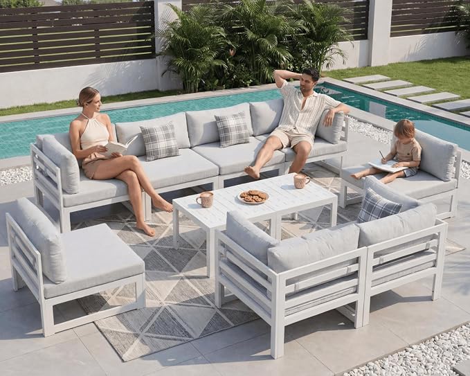 NICESOUL 10 Pcs L-Shaped Contemporary Aluminum Outdoor Furniture Set, 29" Deep Wide Large Couch Set, 500 lbs High Weight Capacity Modular Patio Sectional Sofa with Side Table for Garden, Light Grey