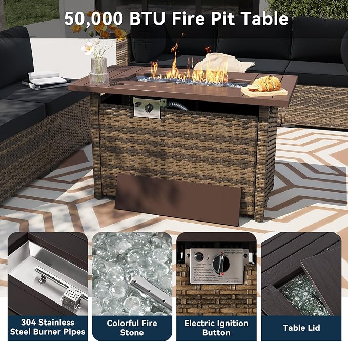 LazySunsets 8 Piece Outdoor Patio Furniture Set with 44'' Fire Pit Table, Outdoor Patio Furniture Set with Thicken Cushion, Wicker Rattan Outdoor Conversation Set for Backyard & Garden, Black