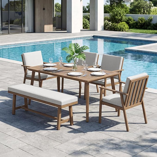 6-Piece Outdoor Dining Set, Aluminum Outdoor Table and Chairs Set with 4 Dining Chairs & Backless Bench, Weather-Resistant Bench Dining Table Set with Removable Cushions for Garden, Deck, Teak