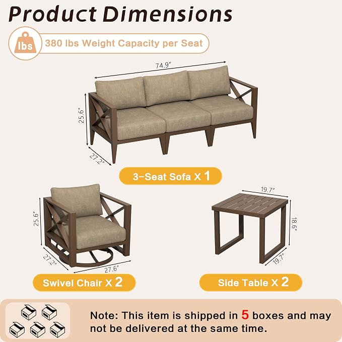 Aluminum Patio Furniture Set, 5-Seat Outdoor Conversation Set with 2 Swivel Rocking Chairs & 2 Coffee Tables, Weather-Resistant Sofa Set for Poolside, Garden, Backyard – Brown