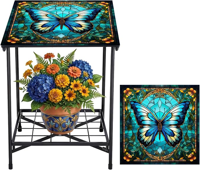 Cinnvoice Outdoor Side Table 2-Tier Storage Square Small Mosaic Patio Accent Indoor End Plant Coffee Tea Table for Yard Patio Porch Garden Living Room, Bedroom(Butterfly Style)