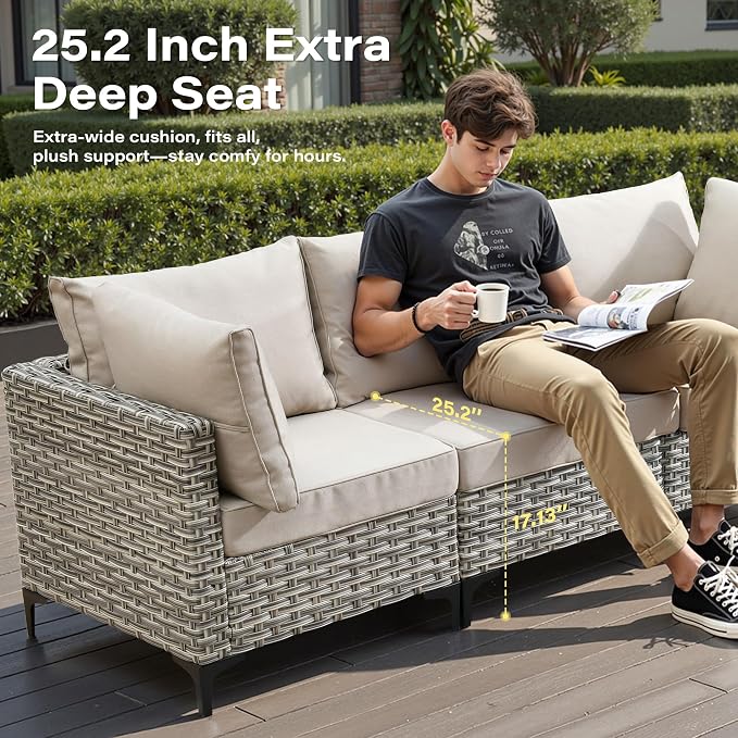 8 Pieces Patio Furniture Set with 42" Fire Pit, All-Weather Rattan Outdoor Sectional Conversation Sets L Shaped Sofas with Solar Light Coffee Table for Porch Balcony Backyard Beige