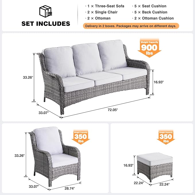 ovios 5-Pieces Patio Furniture Set, Outdoor Wicker Sofa Couch with Chairs Ottomans Comfy Cushions, High Back Modern All Weather Conversation Set, Grey Rattan, Grey