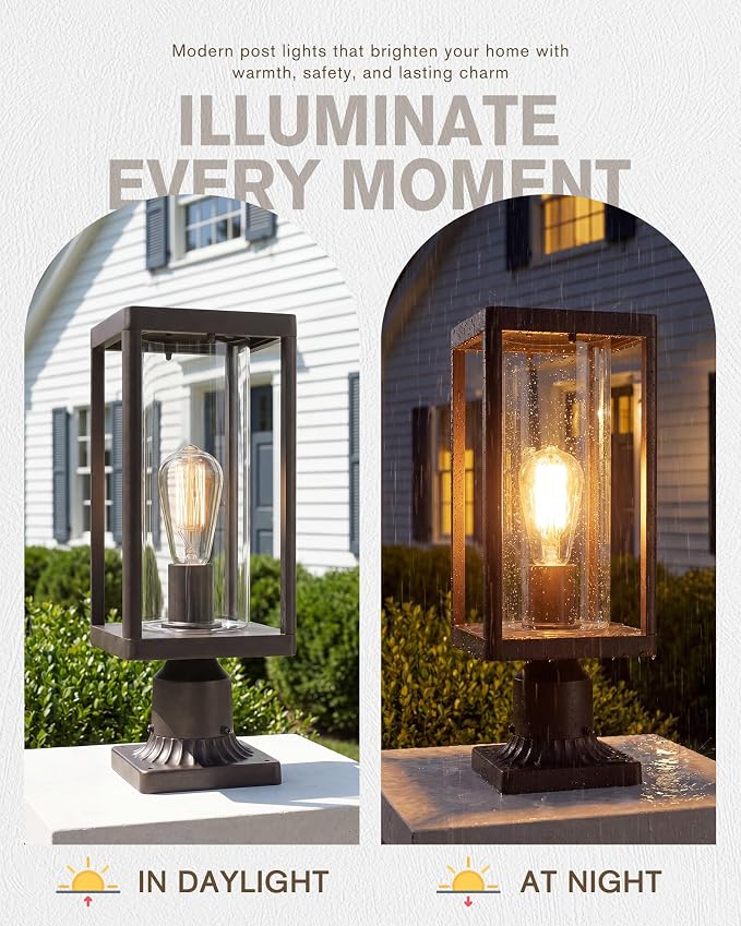 Beionxii Outdoor Post Lights, 20In Post Lantern with Pier Mount Base,Bronze | Hardwired 120V, Aluminum Exterior Lamp Post Light Fixture with Glass, Waterproof Fence Post Deck Lighting, BXA291-P-2PK-ORB
