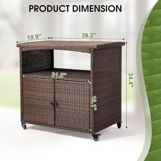 Outvita Patio Bar Table, Weatherproof Buffet Cabinet Wicker Outdoor Storage Cart with 2 Doors & Shelves Wooden Tabletop for Tableware Wine Bottle and Glass, Towels, and Potting Supplies