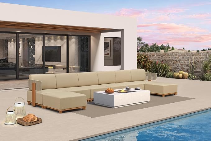 PURPLE LEAF Patio Furniture Set Modular U-Shaped Outdoor Sectional Sofa with 11" Thick Olefin Cushion 8-Piece Outdoor Conversation Set w/Ottomans & White Lights for Backyard Garden Poolside, Beige