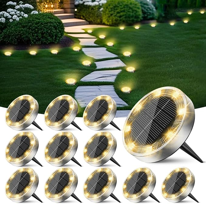 Solar Lights Outdoor Waterproof -12 Pack Solar Ground Lights Anti-Rust, Flat Solar Powered Disc Lights Landscape Lighting for Deck Step Patio Yard Pathway Walkway Driveway Garden, Warm White