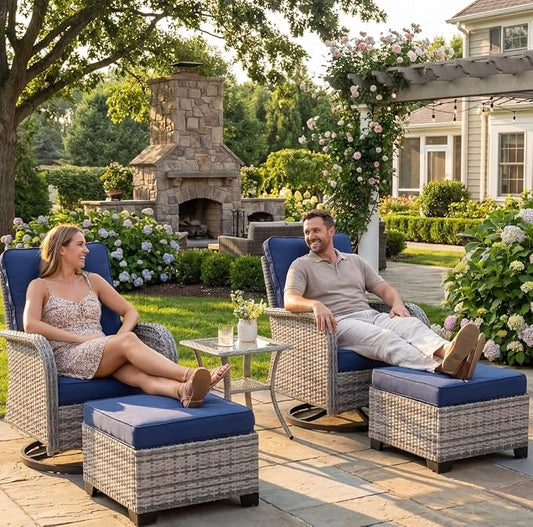 Outdoor Patio Furniture Set Patio Rocking Swivel Chair with Tempered Glass Side Table, Outdoor Wicker Rattan Bistro Set with Ottomans for Garden, Deck, and Balcony, Blue