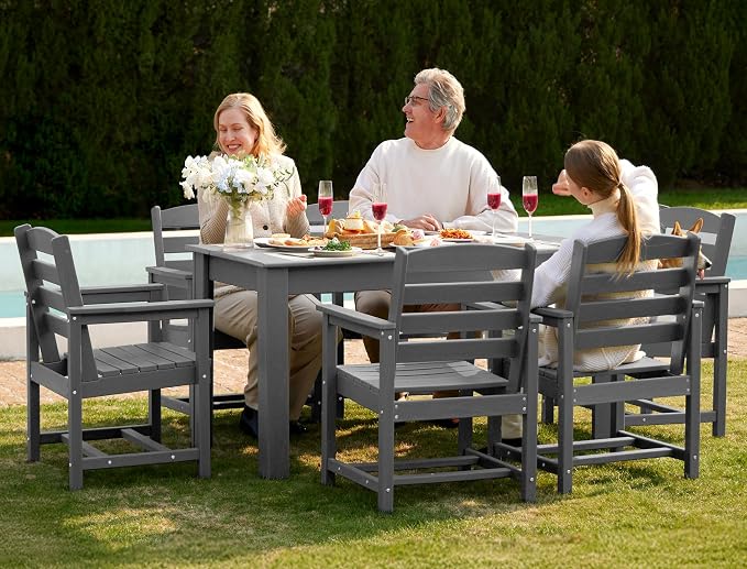 SERWALL 59" HDPE Outdoor Dining Set for 6, w/ 1 Table & 6 Armchairs, Gray | All Weather Resistant HDPE Dining Sets for Patio, Garden, Backyard