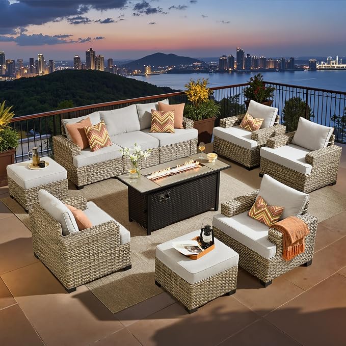ovios 10 Piece Patio Sectional Furniture with 42in Fire Pit Table, Rattan Wicker Coversation Setwith Single Chairs, Outdoor Sofa Set for Outside Porch Balcony Backyard Pool, Light Grey