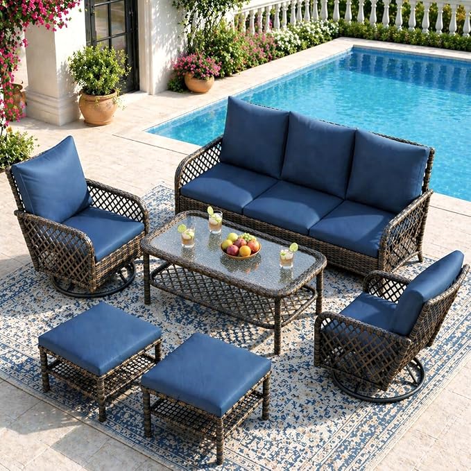 AECOJOY Patio Furniture Set Outdoor Sectional Sofa Couch and High Back Swivel Rocker Patio Chairs 6PCS Brown Wicker Conversation Set (6PCS- Whole Set, Dark Blue)