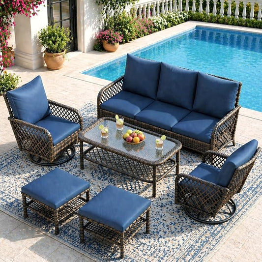 AECOJOY Patio Furniture Set Outdoor Sectional Sofa Couch and High Back Swivel Rocker Patio Chairs 6PCS Brown Wicker Conversation Set (6PCS- Whole Set, Dark Blue)