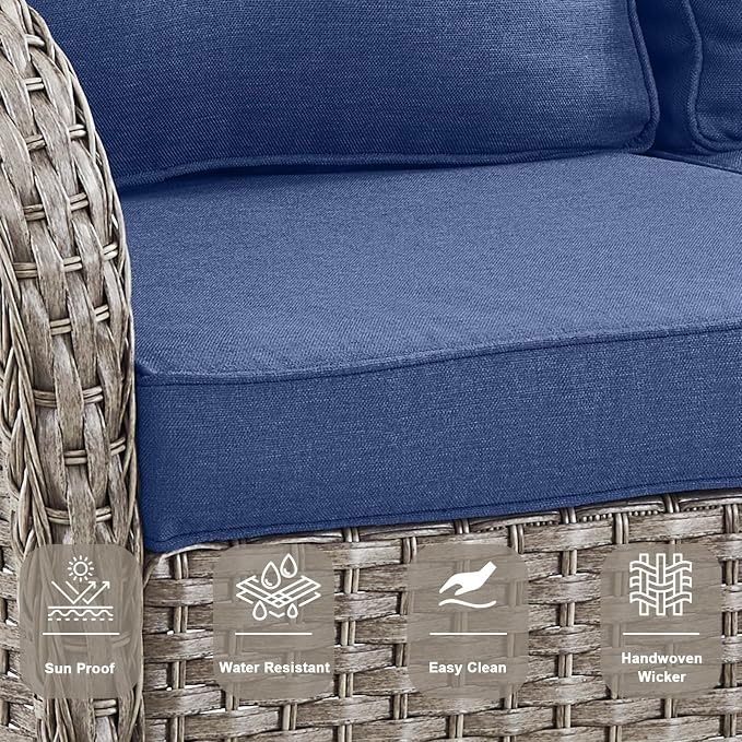 Belord 5-Piece Patio Furniture - Outdoor Conversation with Deep Seating Swivel Rocker Chairs Loveseat and Rattan Coffee Table, Gray with Blue Cushion