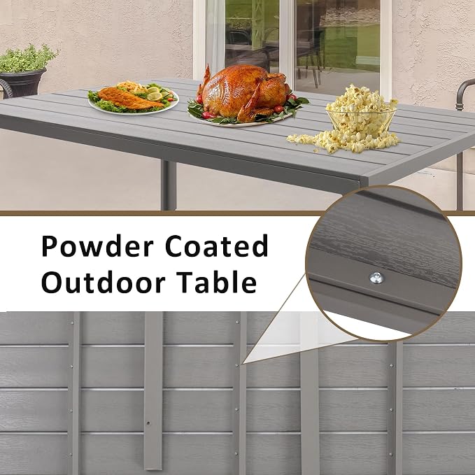 LUCKYERMORE Outdoor Dining Table for 6 Person, Outdoor Patio Table with Slat Tabletop and Aluminum Frame, 55" x 31" Patio Dining Table Rectangle Table for Deck Garden Lawn Backyard, Grey