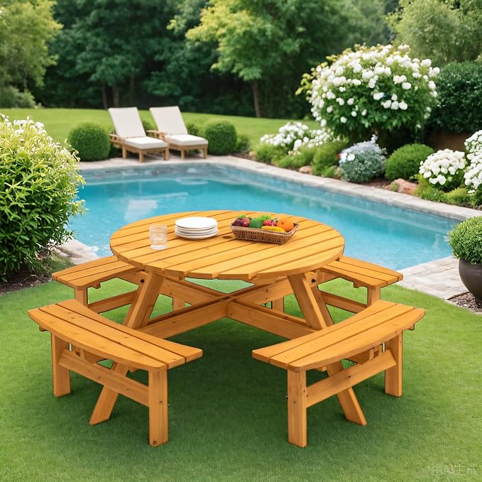 JOYBASE 8-Person Wooden Picnic Table, Outdoor Round Table with Built-in Benches and Umbrella Hole, Picnic Table Bench Set for Patio, Backyard, Garden (Wood Color)