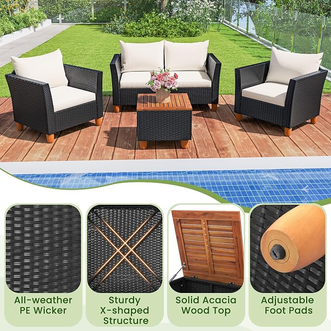 ORALNER 4 Pieces Patio Furniture Set, Outdoor Wicker Conversation Chairs, Loveseat w/Cushion, Acacia Lift-Top Coffee Table, Rattan Set for Balcony Garden Backyard Front Porch Poolside Deck (White)