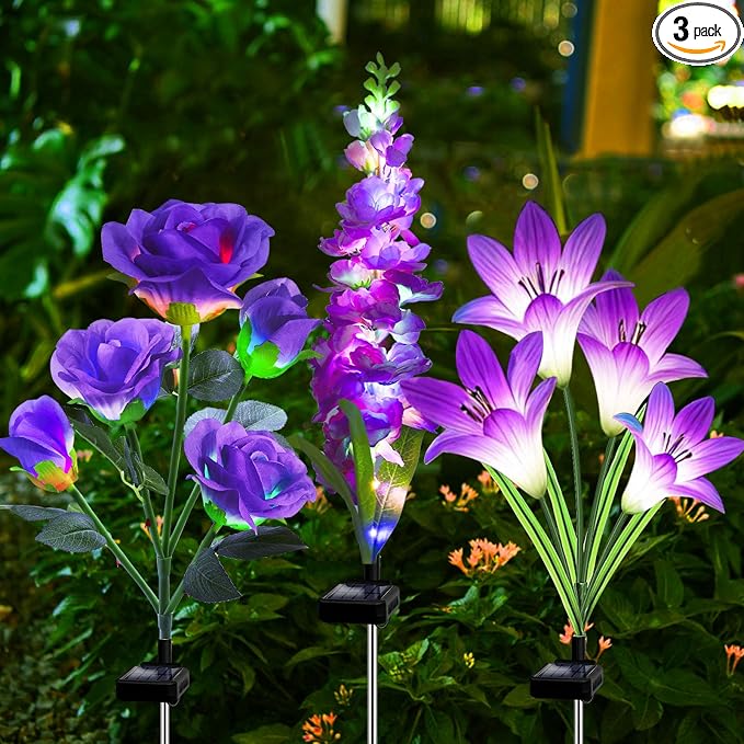 Solar Garden Lights Waterproof, 3 Pack Solar Flowers Lights Includes Lily Rose Delphinium, Gardening Gifts for Mom Grandma Women, 7-Color Changing Outdoor Decor for Garden Yard Patio Lawn