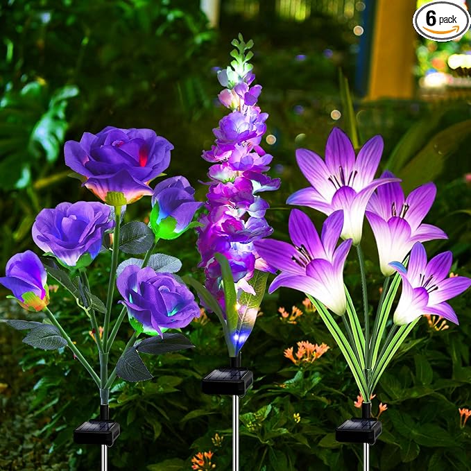 MRHEPHAESTUS Solar Garden Lights, 6 Pack Solar Flowers Lights with Lily Rose Delphinium, Waterproof Gardening Gifts for Mom Grandma Women,Multi-Color Changing Outdoor Light for Garden Yard Patio Lawn