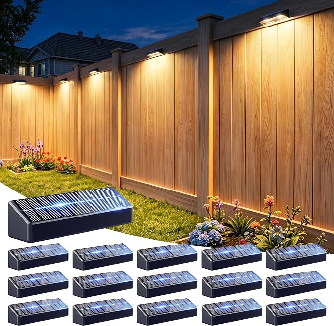 JOFIOS Fence Lights Solar Powered 16 Pack, 3000/4000/6000K 3 Modes, IP65 Waterproof Solar Fence Lights Outdoor, Dusk to Dawn Deck Lights for Outside, Wall, Backyard, Step, Patio, Stair Railings
