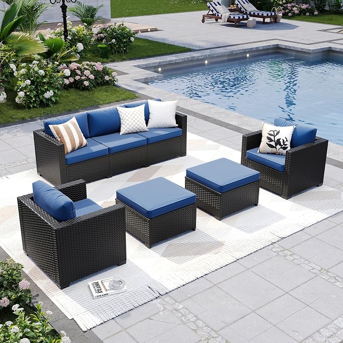 LazySunsets 5-Piece Outdoor Patio Furniture Set, Rattan Outdoor Sectional with Thick Waterproof Cushions, Wicker Ottomans & Waterproof Cover, Patio Conversation Set for Garden, Backyard, Navy Blue