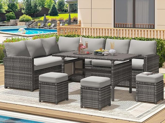 Patio Furniture Set 7 Pieces with Protective Cover, Wicker Rattan Outdoor Sectional Sofa with Dining Table, Chair and Ottoman and Wine Conversation Set for Backyard, Garden, Porch Lounge Use(Gray)