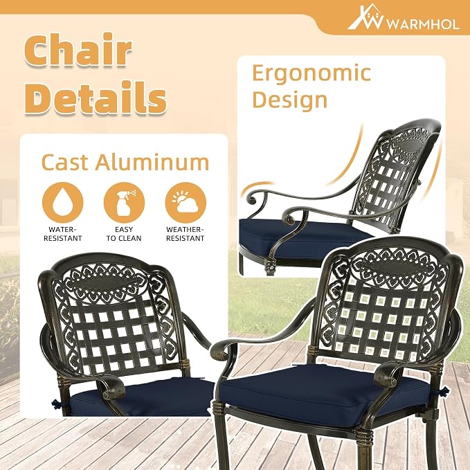 9-Piece Patio Furniture Dining Set, All Weather Cast Aluminum Outdoor Conversation Set- 61" Round Patio Dining Table with Detachable Lazy Susan & 8 Chairs, 2" Umbrella Hole, Navy Blue
