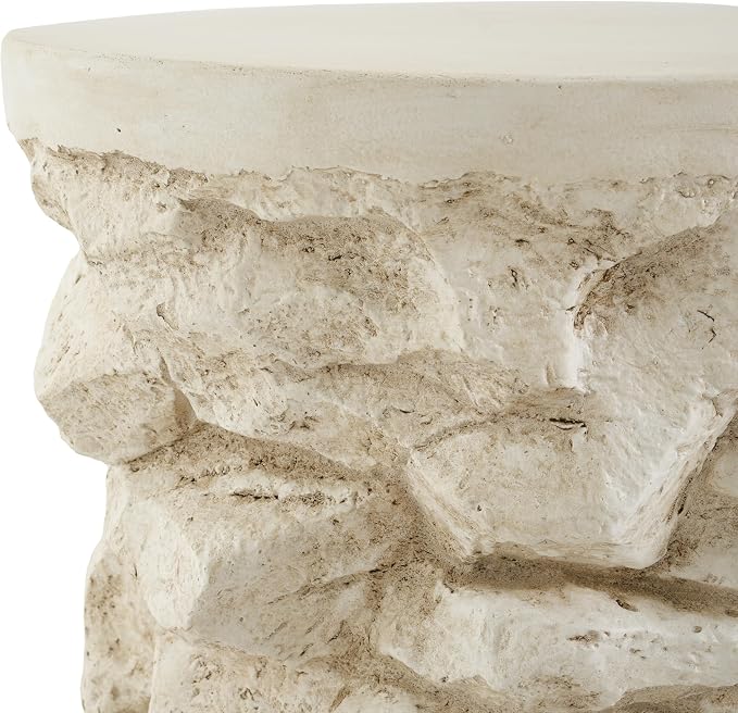 Round Outdoor Concrete Side Table, Cylinder Patio End Table, Faux Stacked Stone Accent Table with Wave for Indoor Outdoor, Garden Stool Coffee Table for Patio, Garden, Backyard - 16.42" Beige MgO