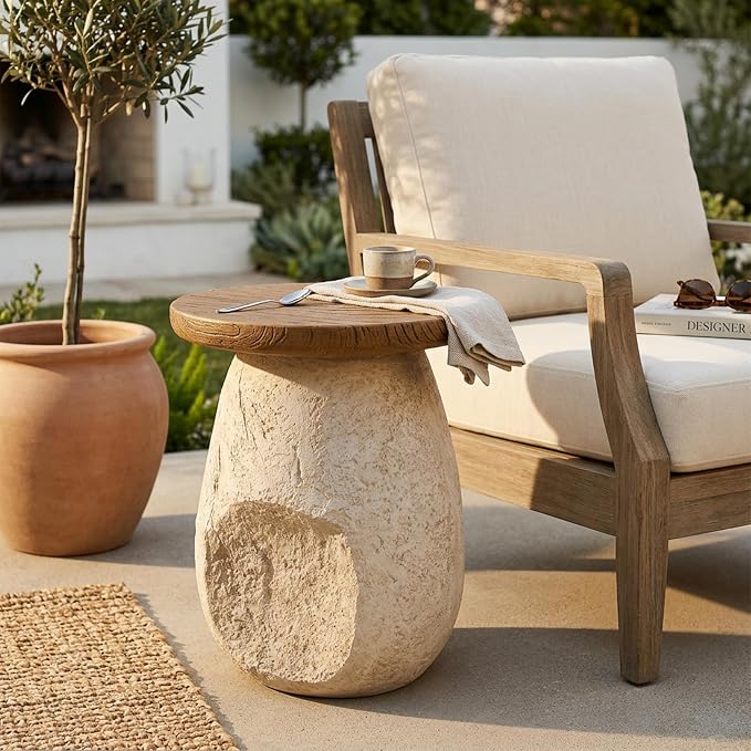 Nerissa Outdoor Patio MGO Side Table, Organic Pear-Shaped Accent End Table with Faux Wood Grain Top, Beige Modern Side Stand for Balcony Garden Poolside Living Room Bedroom